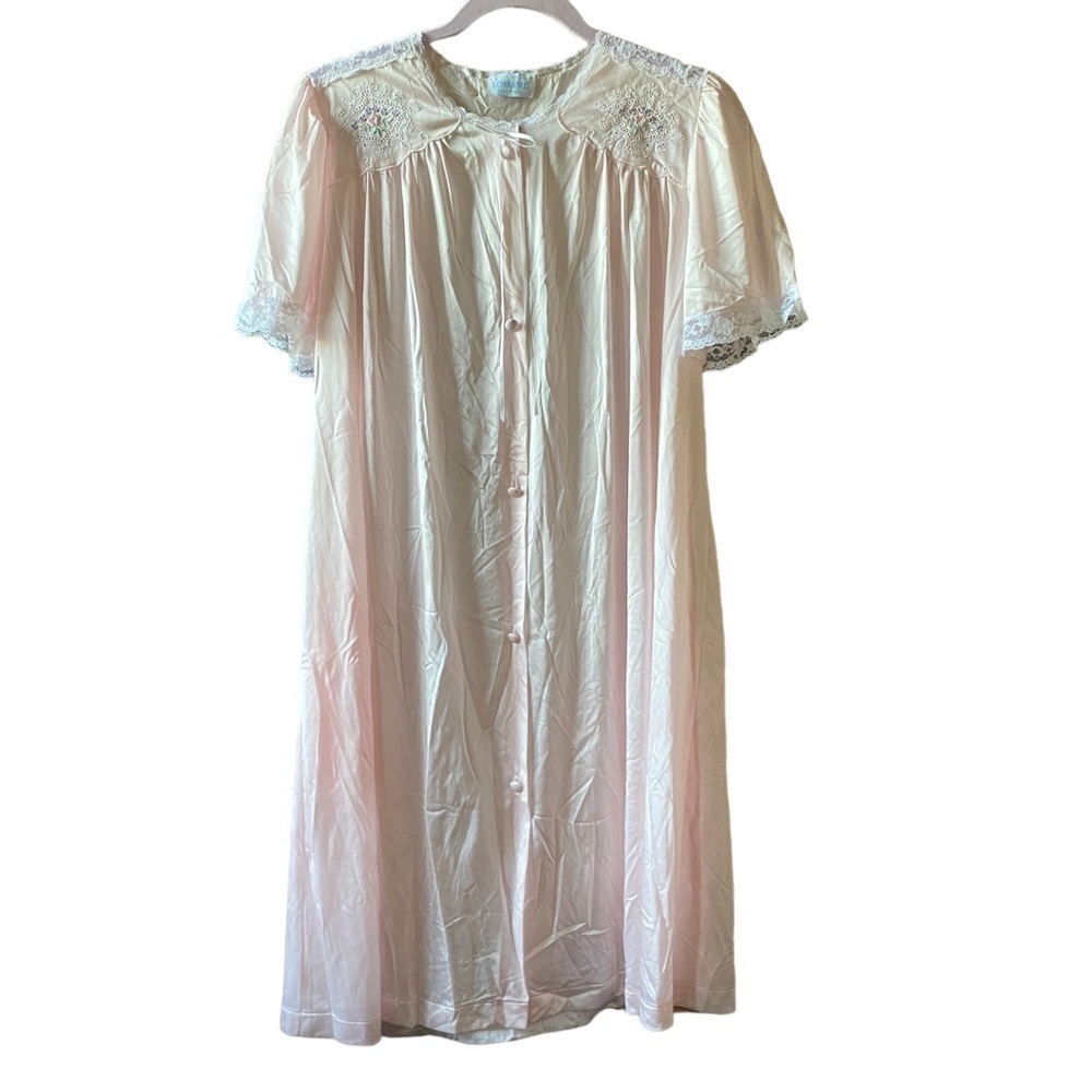 LORRAINE Vintage Button Night Gown Robe Lace Short Sleeve Light Pink